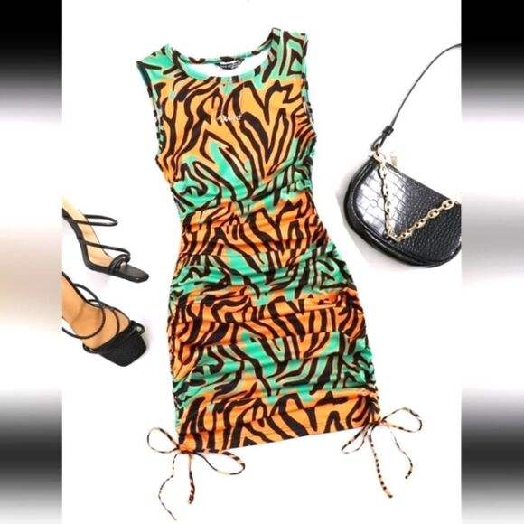 RUCHED drawstring side zebra striped sexy bodycon dress sz xs - Picture 2 of 6